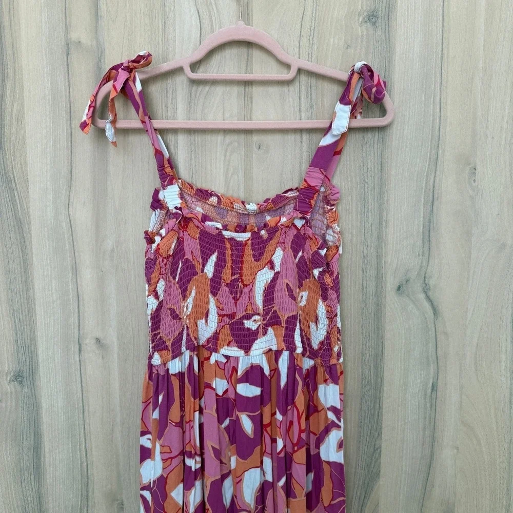 Floral Tiered Maxi Dress Size Large Pink Smocked Tie Shoulder Boho Resort Summer - Picture 7 of 7